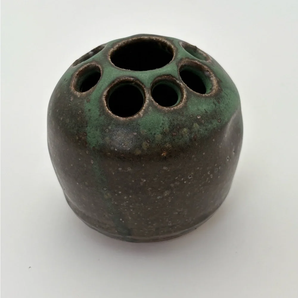 Vintage Signed Handcrafted Pottery Green and Brown Glaze Flower Frog/Vase
